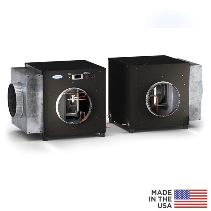 Self-contained ducted wine cellar cooling units with connected duct collars and external housing.