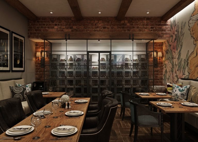 Glass-enclosed wine room integrated into a dining space with climate-controlled bottle storage.
