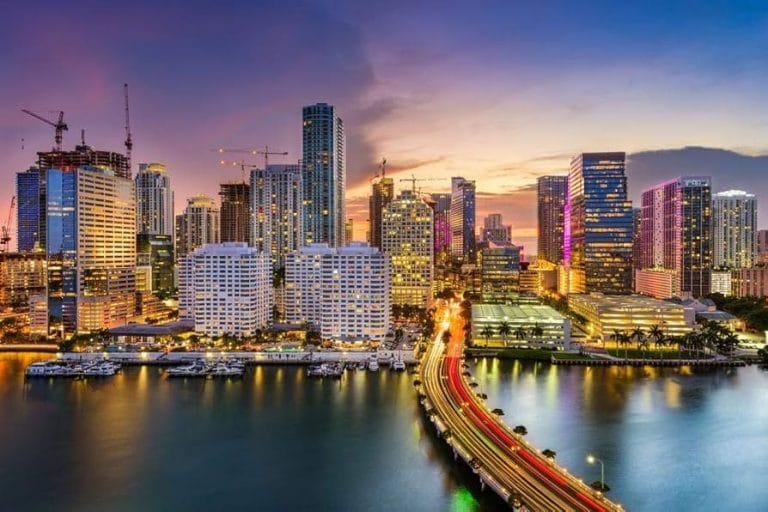 South Florida city skyline at dusk representing wine cellar design services