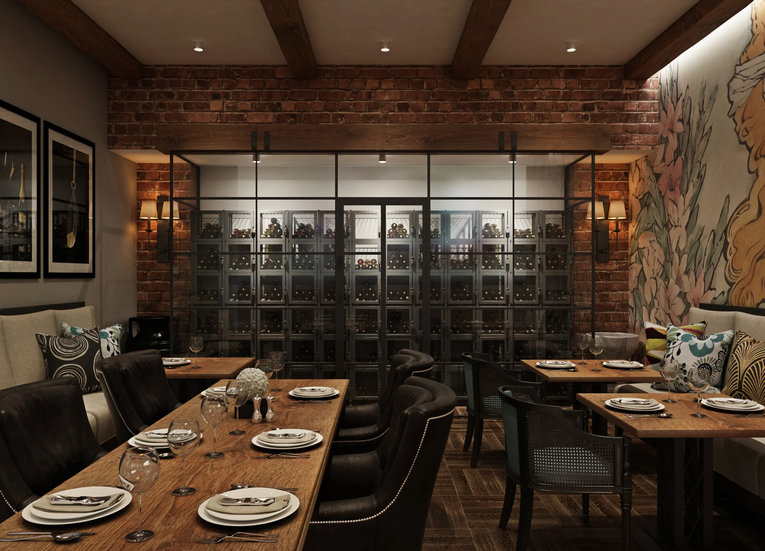 Commercial wine locker display with metal racking in a custom wine cellar.