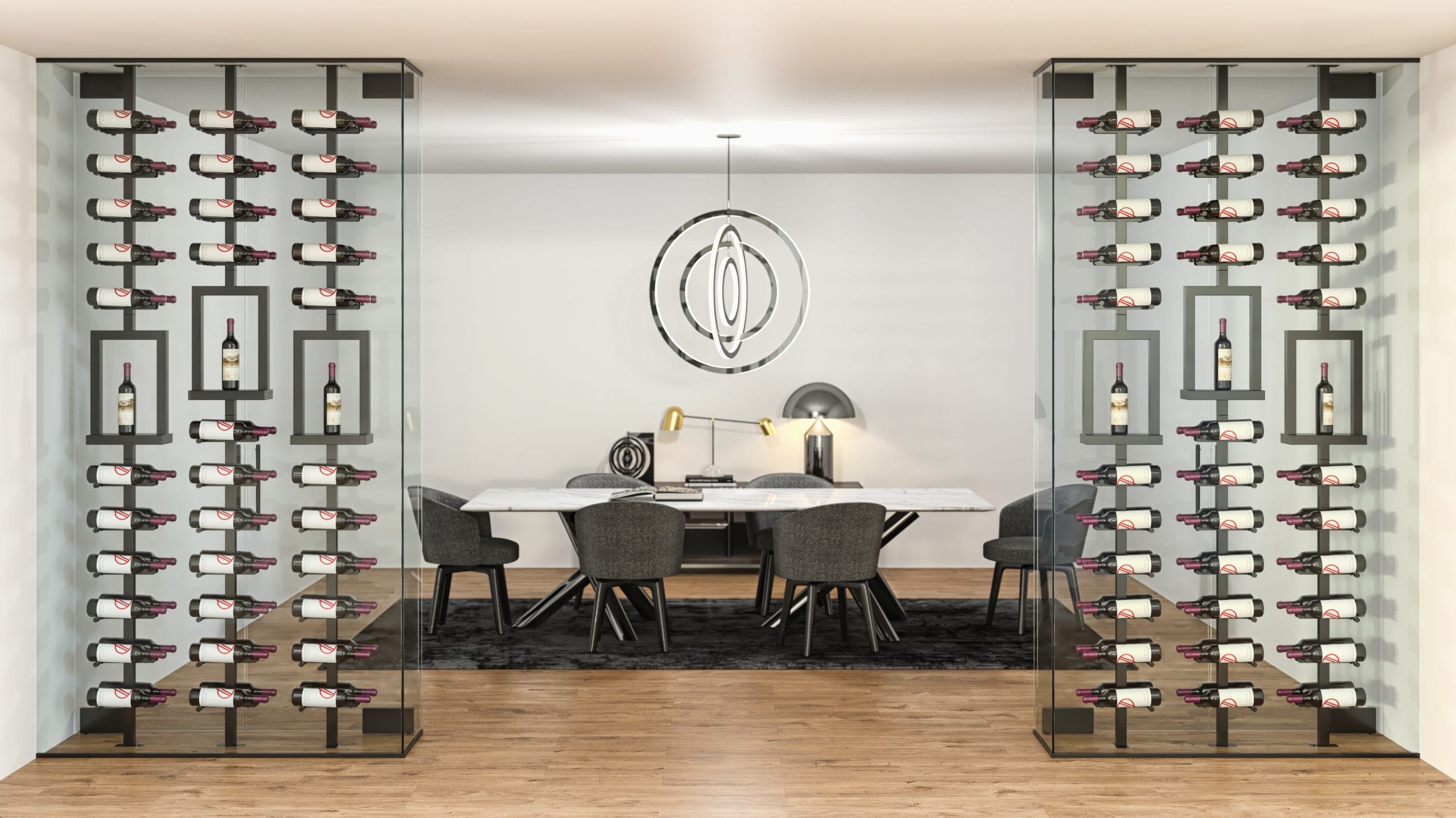 Glass wine wall display with floating bottle racking in a custom cellar installation.