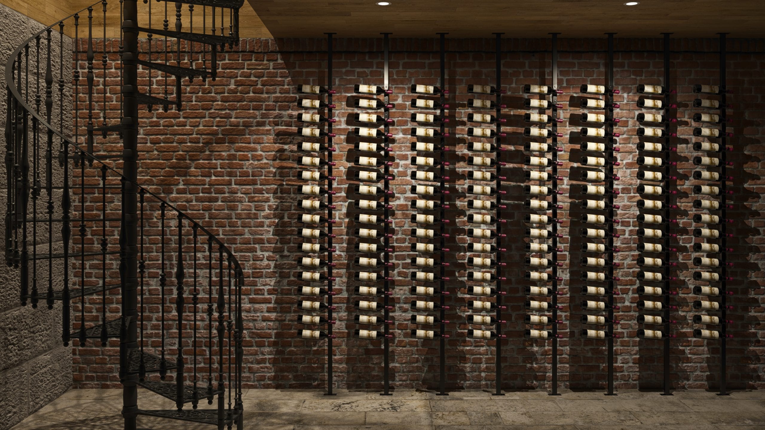 Custom wine cellar design with floor-to-ceiling bottle racks and brick wall beside a spiral staircase.
