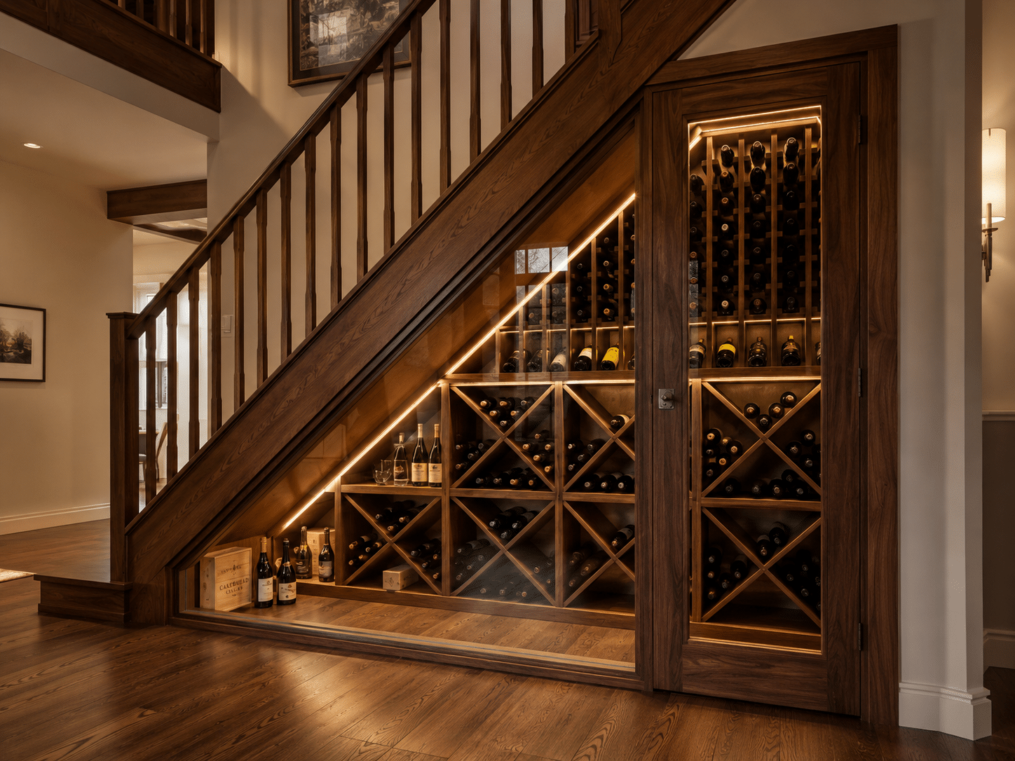 Luxury custom wine cellar with finished racking and climate-controlled wine storage
